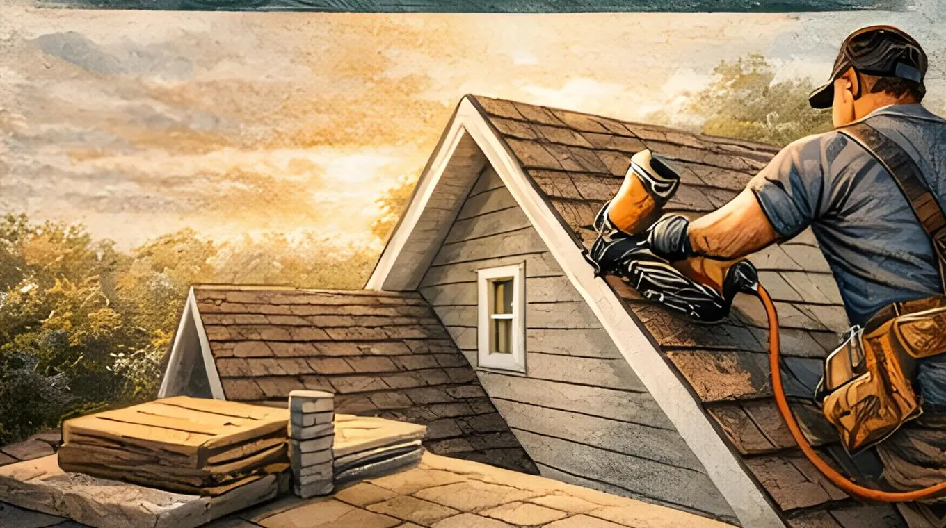 Illustrated roofer installing shingles on a house.